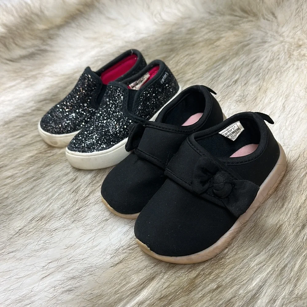 Carter’s Toddler Girls Shoes Size 5 Black Glitter Slip On & Bow Sneakers Lot